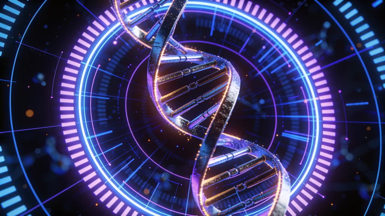 Pulsing HUD driving metal DNA helix rotating and drifting in neon rings for data display