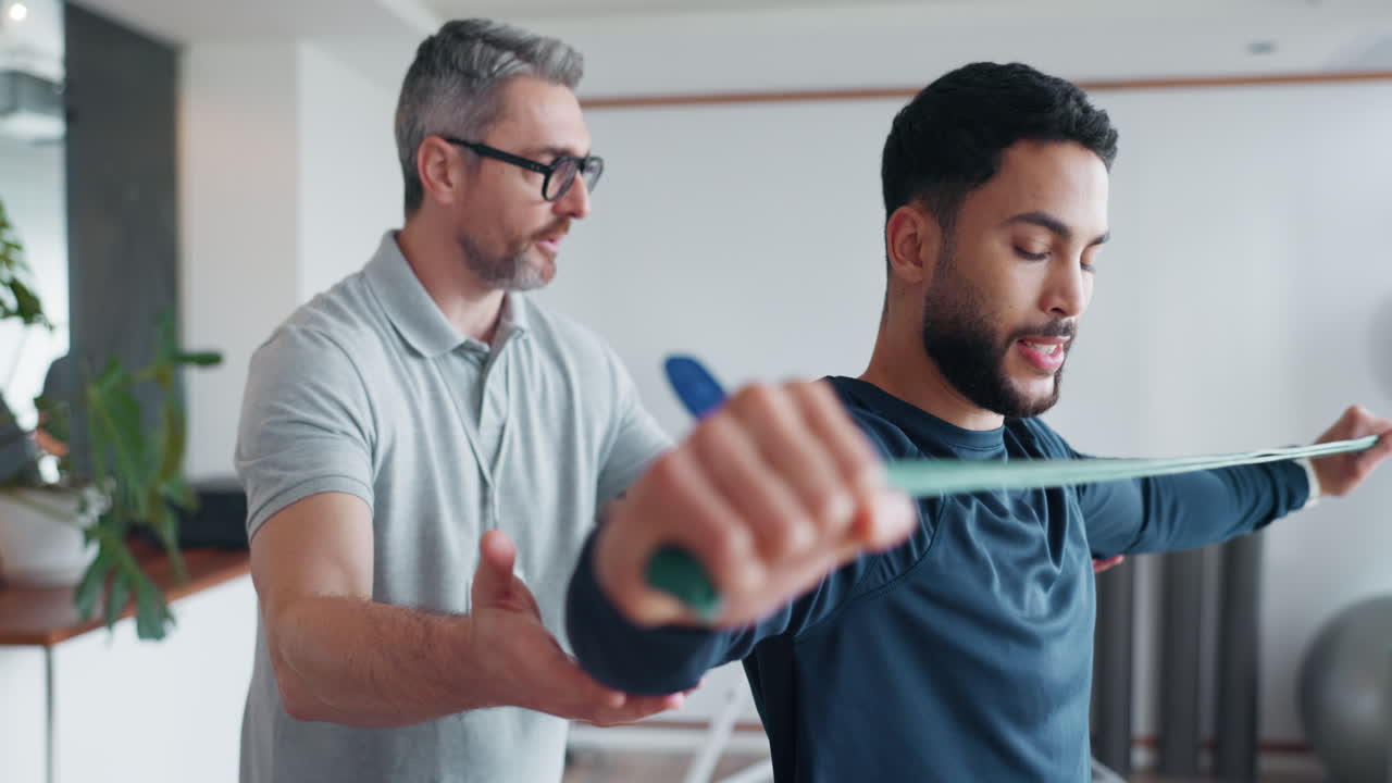 banda de resistencia, entrenamiento y hombre con terapeuta