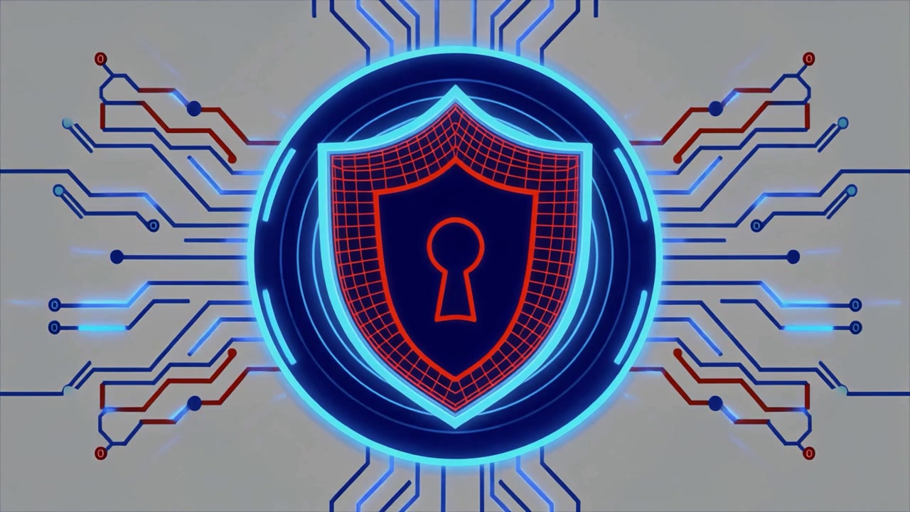Animated Digital Security Shield on a Circuit Board Background