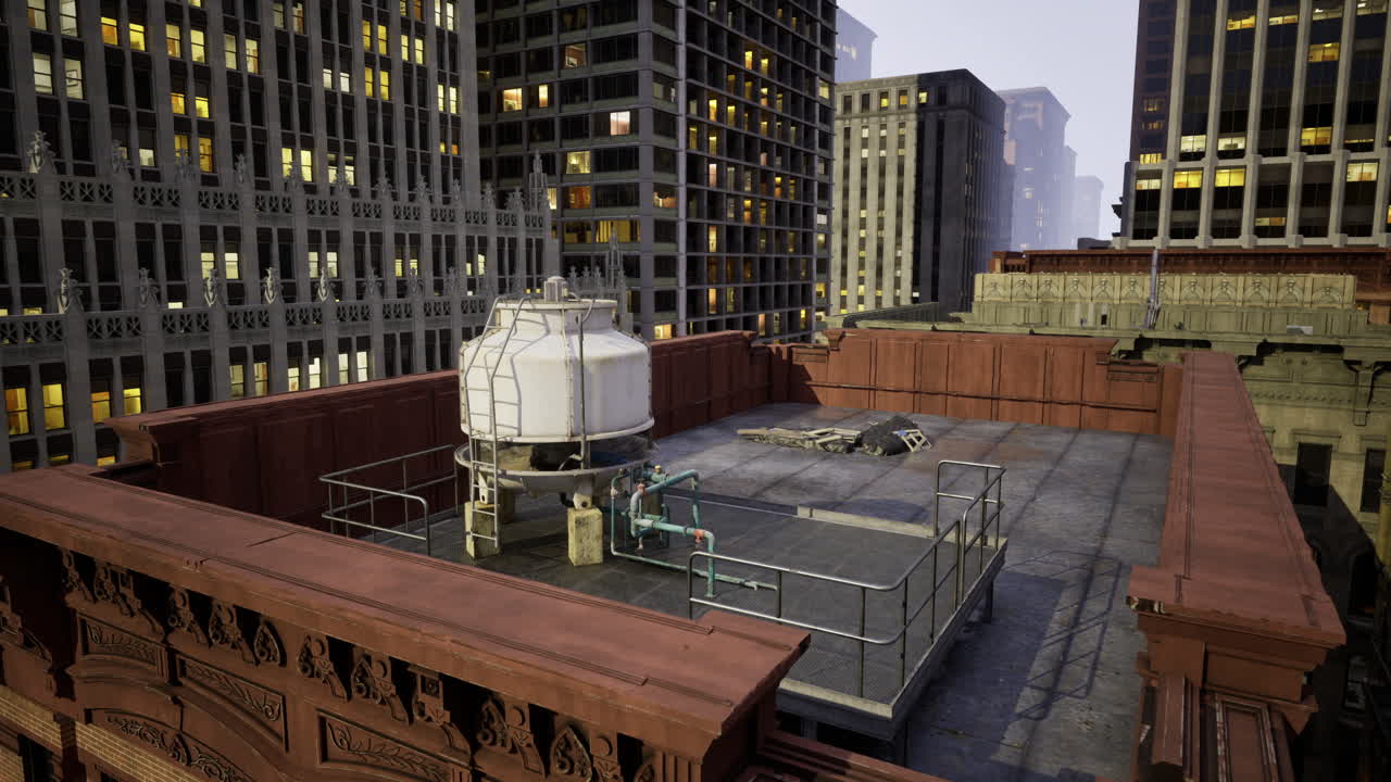 Rooftop view of urban buildings at dusk with water tank and skyline