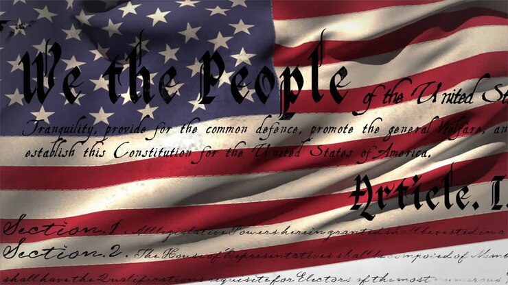 Written constitution of the United States and flag
