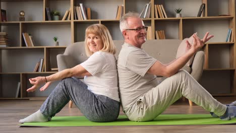 senior couple meditating while sitting on a rug in a beautiful room with books in the background happy senior couple meditating while sitting on a rug in a beautiful room with books in the background healthy lifestyle of the elderly