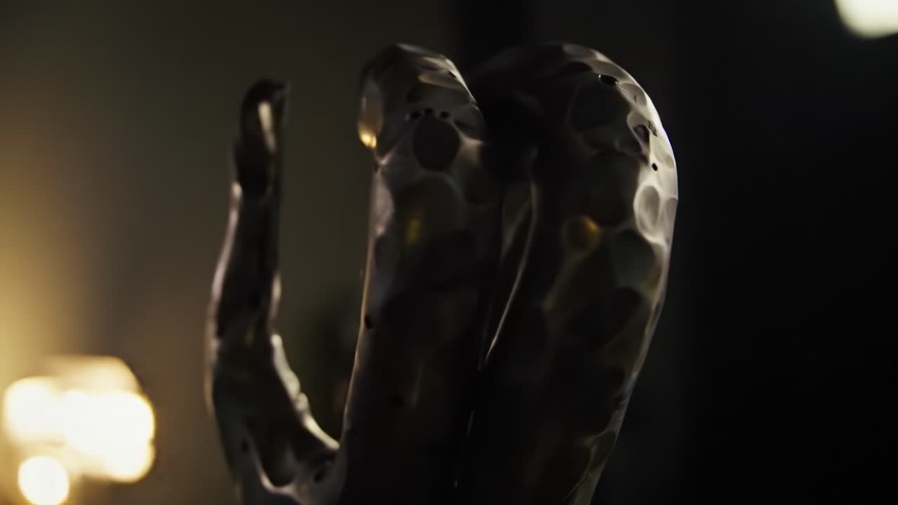 An Intriguing Metallic Sculpture Showcasing Unique Organic Shapes and Captivating Light Reflections in a Softly Lit Environment
