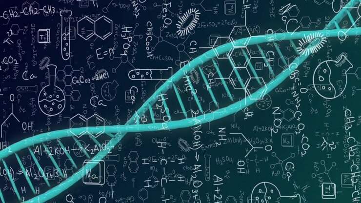 Particelle turchesi che si fondono in una doppia elica di DNA, l'elica si attorciglia e si incrocia, visualizzando dati genetici.