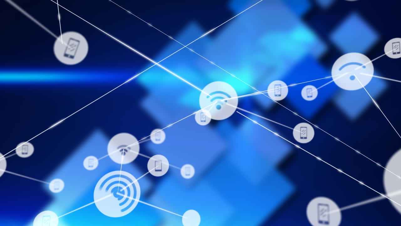 animación de una red de iconos digitales sobre múltiples formas cuadradas contra un fondo azul