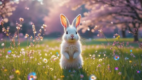 cute white bunny in a spring flower field