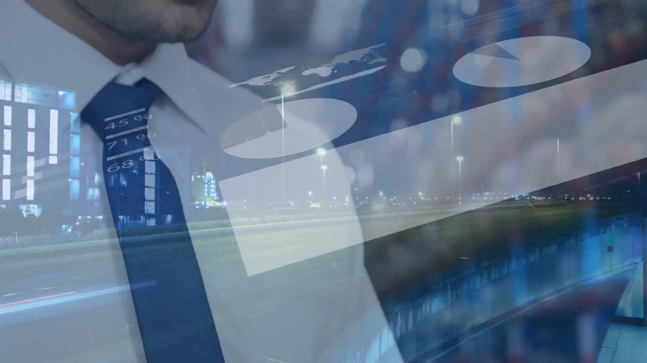 Animation of financial data processing over man working in warehouse