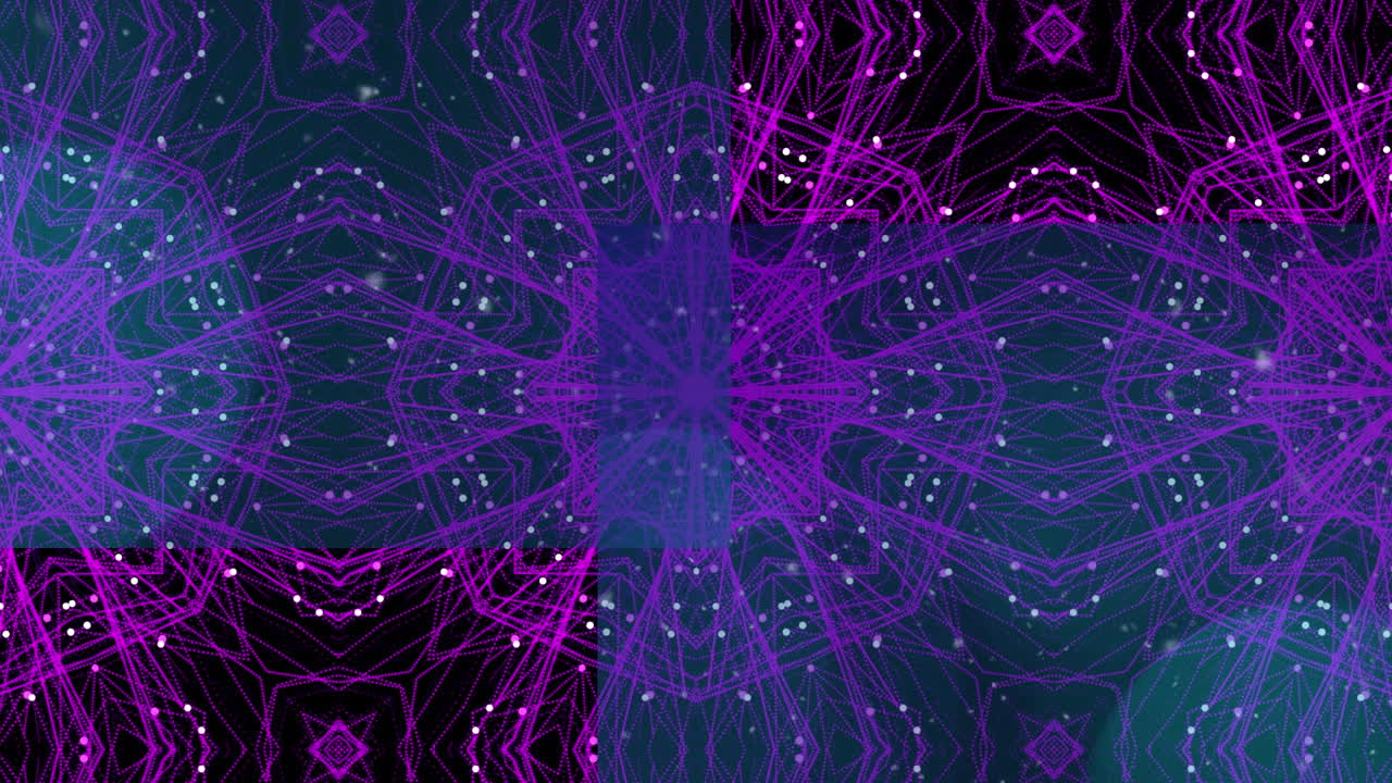 Animation of purple kaleidoscopic shapes and moving blue panels over dark background
