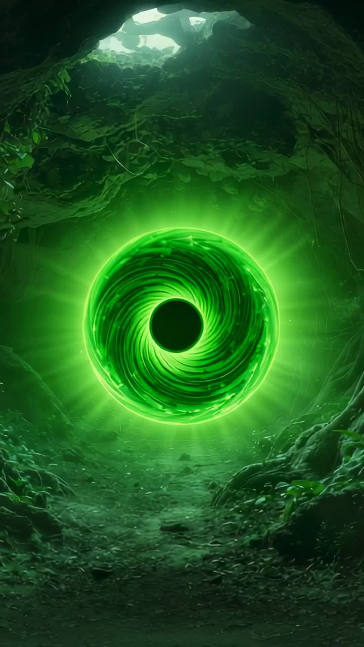 Vertical video: Portal condensing emerald energy after glow appearing in cavern, drawing power