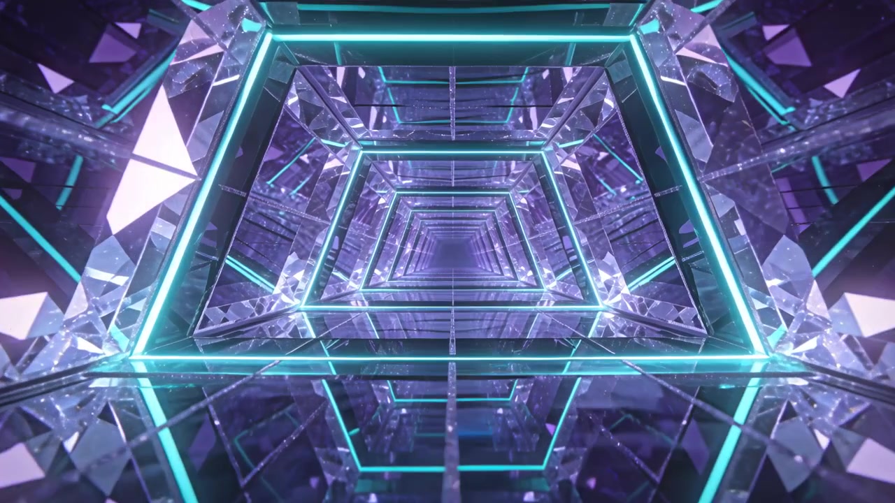 La telecamera inizia a scivolare in un tunnel luminoso con cornice color verde acqua in un corridoio al neon, rivelando cornici che si ripetono.