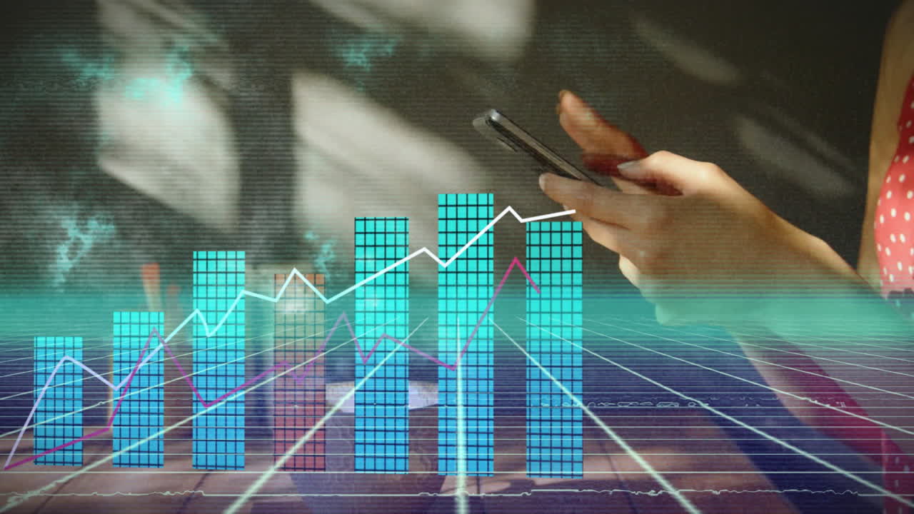 Using smartphone, hands interacting with digital bar graph and line chart animation