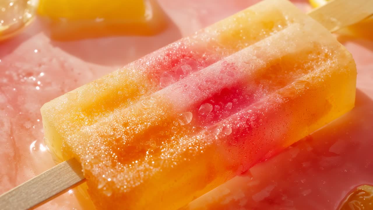 Warming fruit popsicle forming droplets sliding down pink table, with stick and blurred popsicle