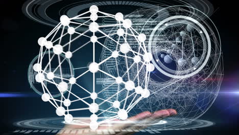 animation of scope scanning, globe, dna strand and data processing over caucasian businessman