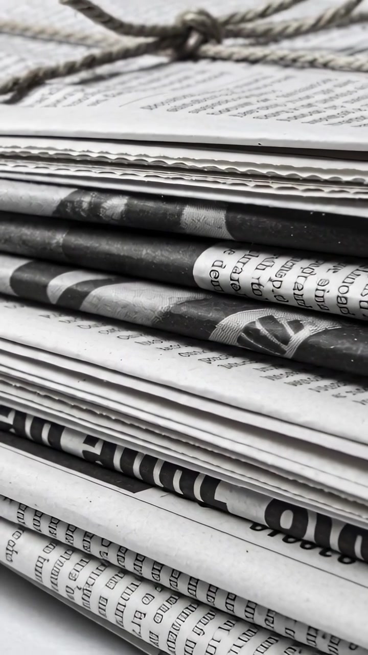 Vertical video: Shifting camera revealing stacked folded newspapers on tabletop, showing twine knot