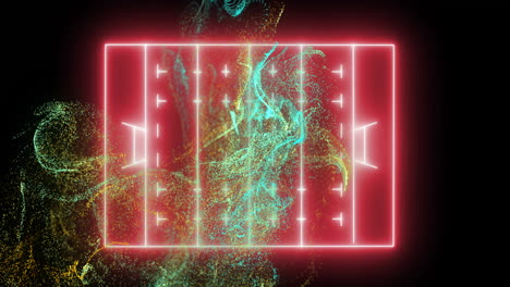 animation of yellow and blue particle wave over pink neon rugby pitch on black background