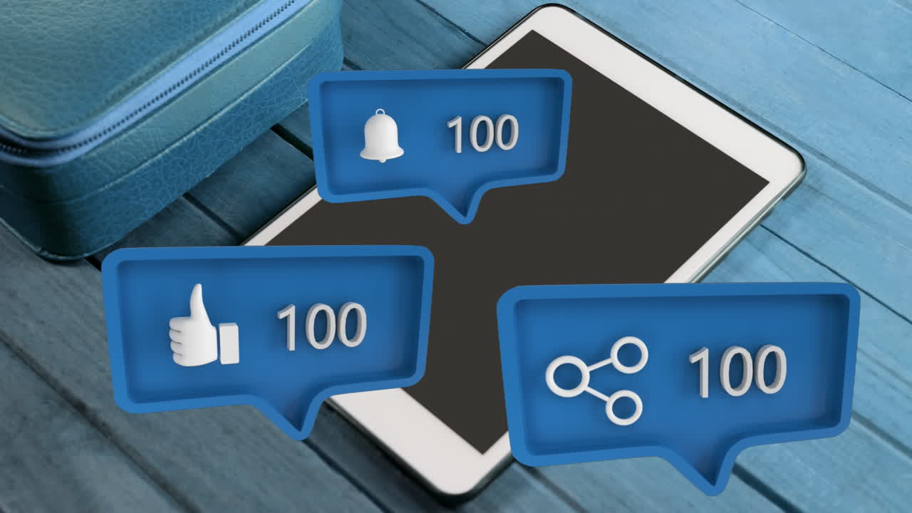 compartir, como y símbolos de recordatorio y el aumento de los números sobre la taza de café y la tableta en la mesa