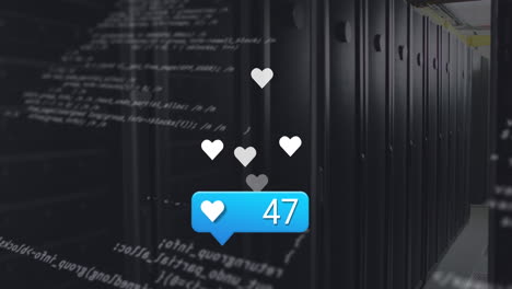 animación de iconos similares con números crecientes y procesamiento de datos contra la sala del servidor de la computadora.