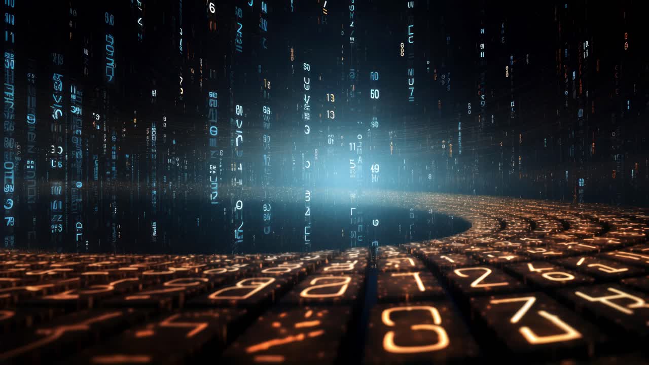 Futuristic digital landscape with glowing numbers and symbols
