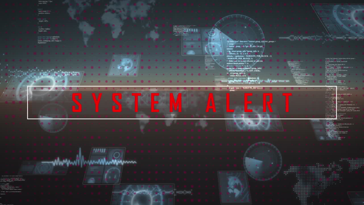 animación del texto de alerta del sistema y procesamiento de datos sobre fondo negro