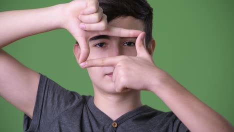 young handsome iranian teenage boy against green background