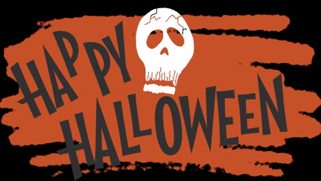 animation of happy halloween text over skull on dark background