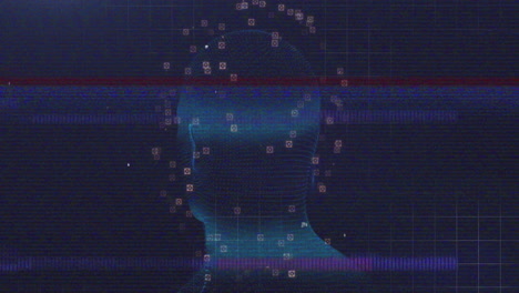 animation of digital face recognition with data points on blue grid background