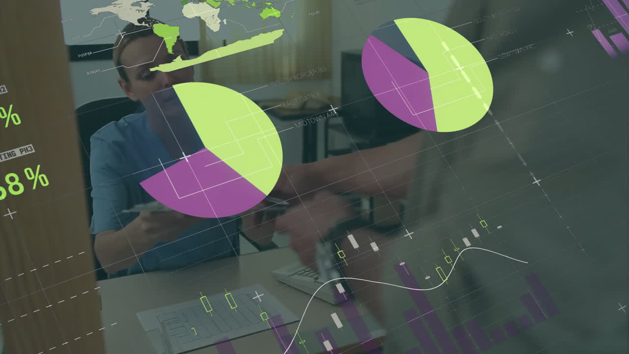 animación de la interfaz infográfica sobre una enfermera caucásica que le pide a un paciente masculino que llene un formulario