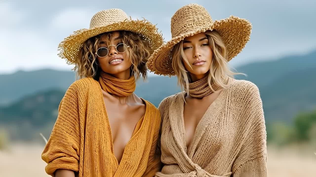 Two women wearing straw hats standing in a field