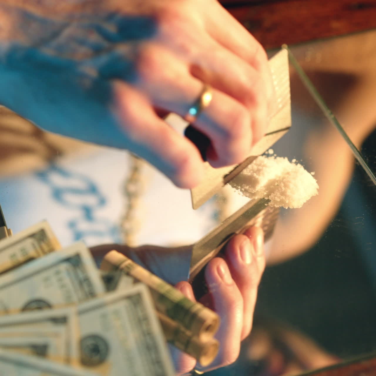 Addict prepares cocaine lines. The cocaine powder is sorted. The concept of drug abuse. Social problems