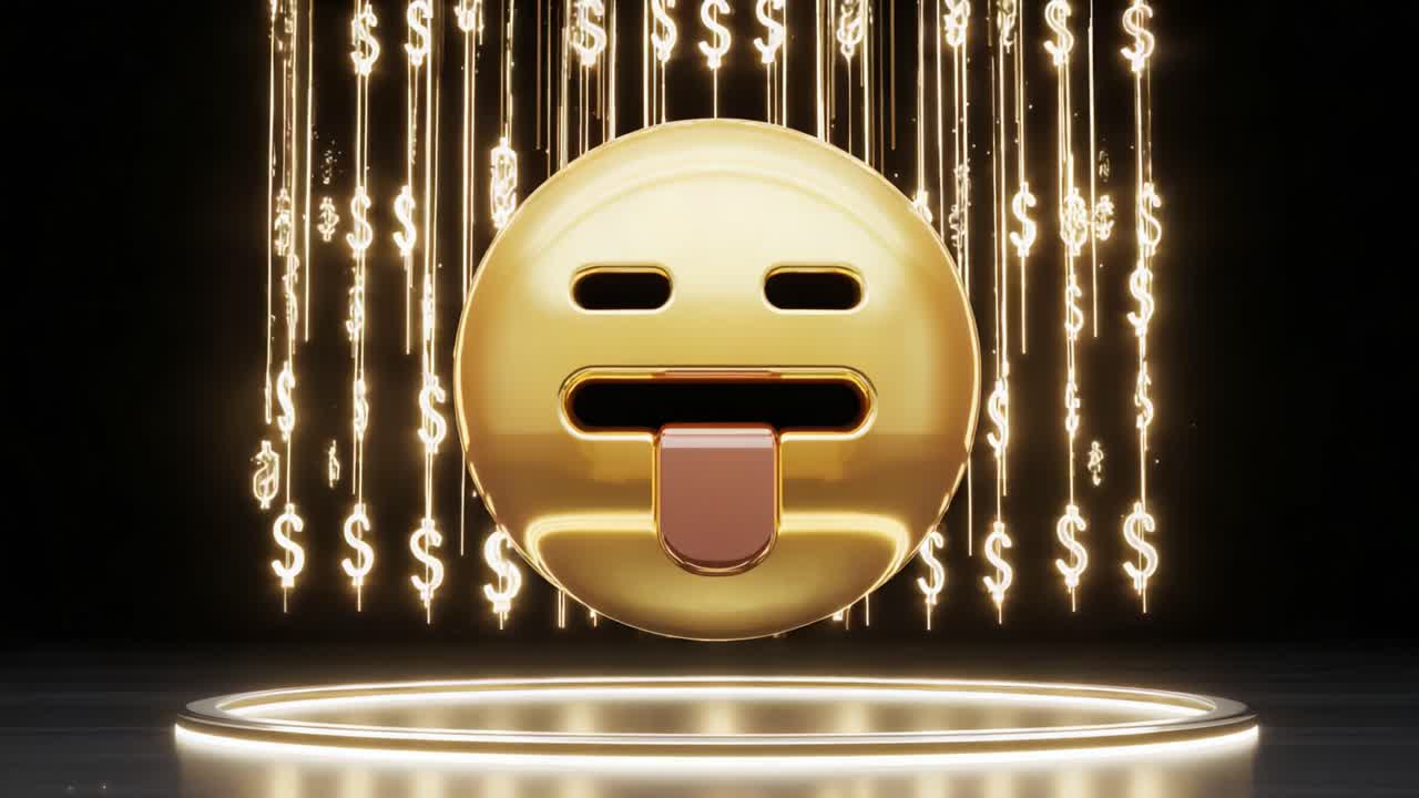 A striking digital representation of a gold emoji with its tongue out, surrounded by shimmering dollar signs cascading in a dramatic, illuminated backdrop, embodying themes of wealth and excitement