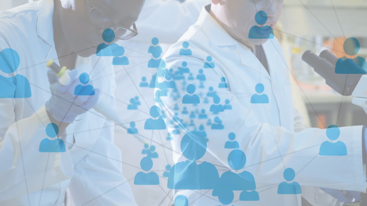 실험실에서 일하는 다양한 남녀 과학자 위에 떠다니는 프로필 아이콘의 네트워크