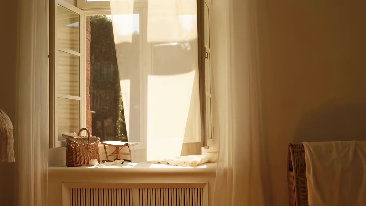 Warm daylight streams through open panes while a translucent curtain lifts and sways into the room, revealing a sunlit windowsill with a woven basket and soft fabric nearby.