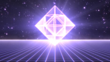futuristic synthwave neon geometric 3d shape floating over 80s grid - 4k seamless loop motion background animation
