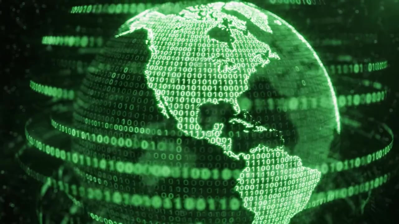 A Stunning Visualization of a Green-Coded Earth: Exploring Digital Interconnections and Global Networks through Binary and Data Representation