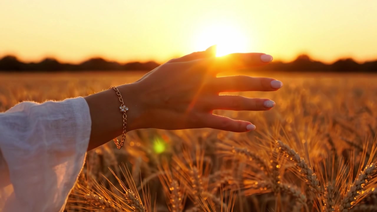 Catturando l'essenza del tramonto su un campo di grano dorato, una mano si protende verso la luce solare scintillante, simboleggiando la bellezza e l'abbondanza della natura.