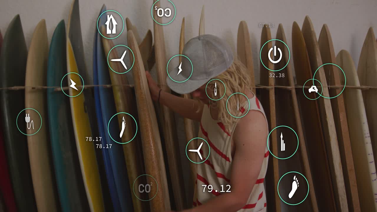 UI metrics appearing, surfer inspecting and shifting surfboards, comparing shapes and metrics