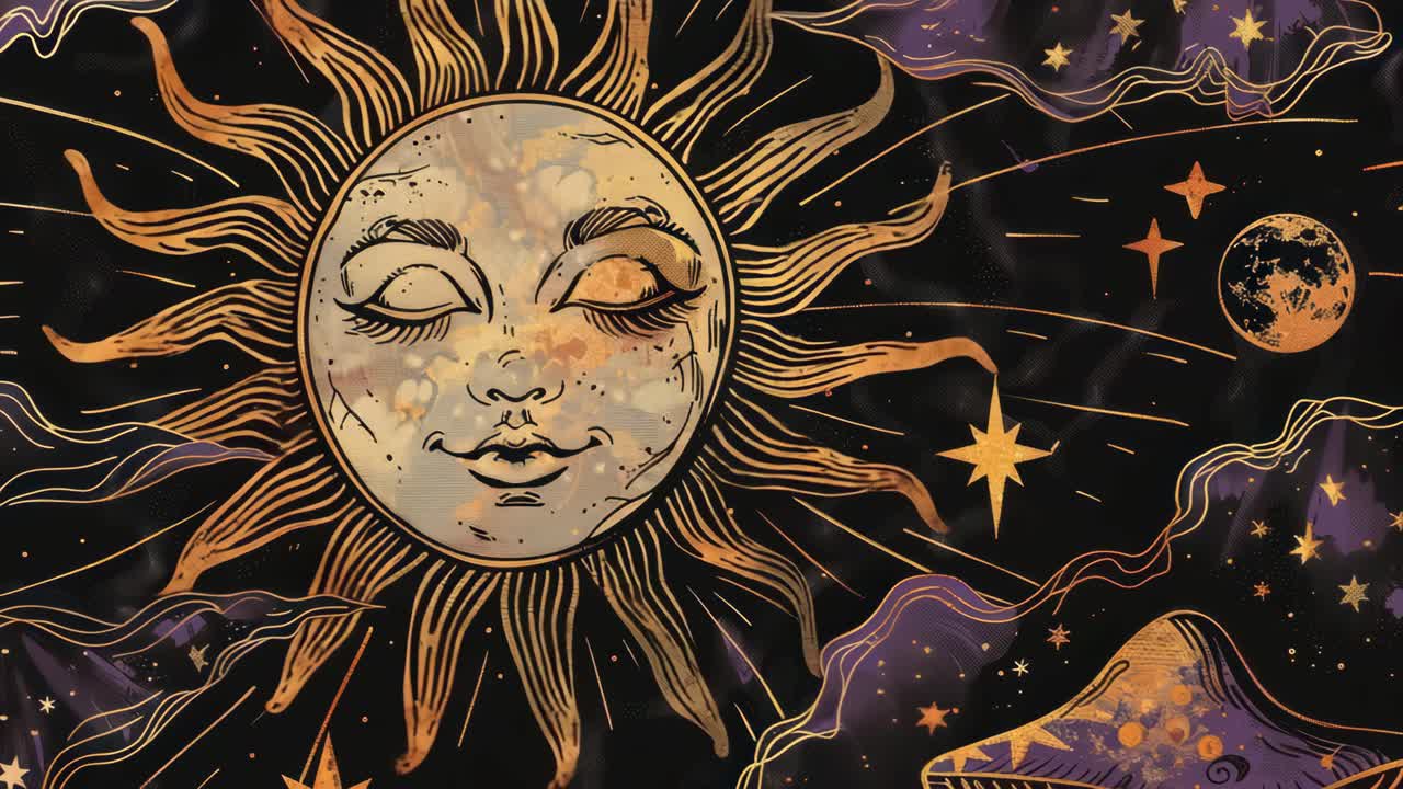 Whimsical celestial illustration featuring a serene sun and stars
