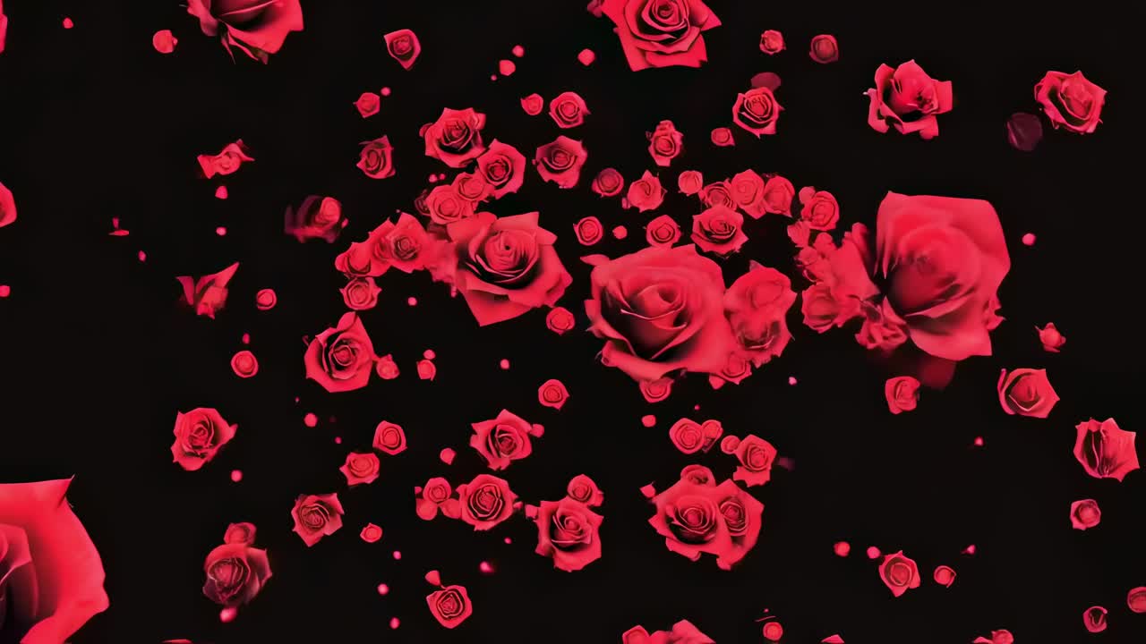 Delicate red rose petals gently falling and rotating against dark background, symbolizing romantic elegance and passion of love's tender moments