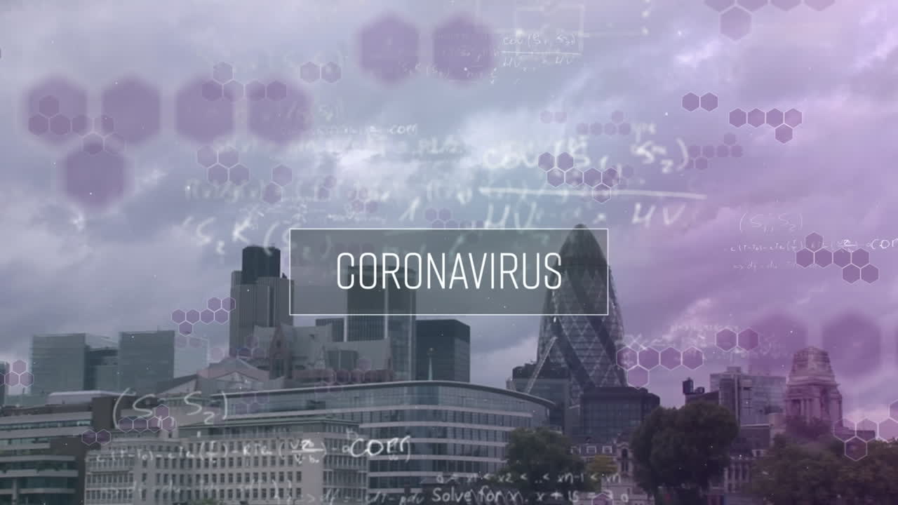 Animazione del testo coronavirus ed equazioni matematiche su paesaggio urbano
