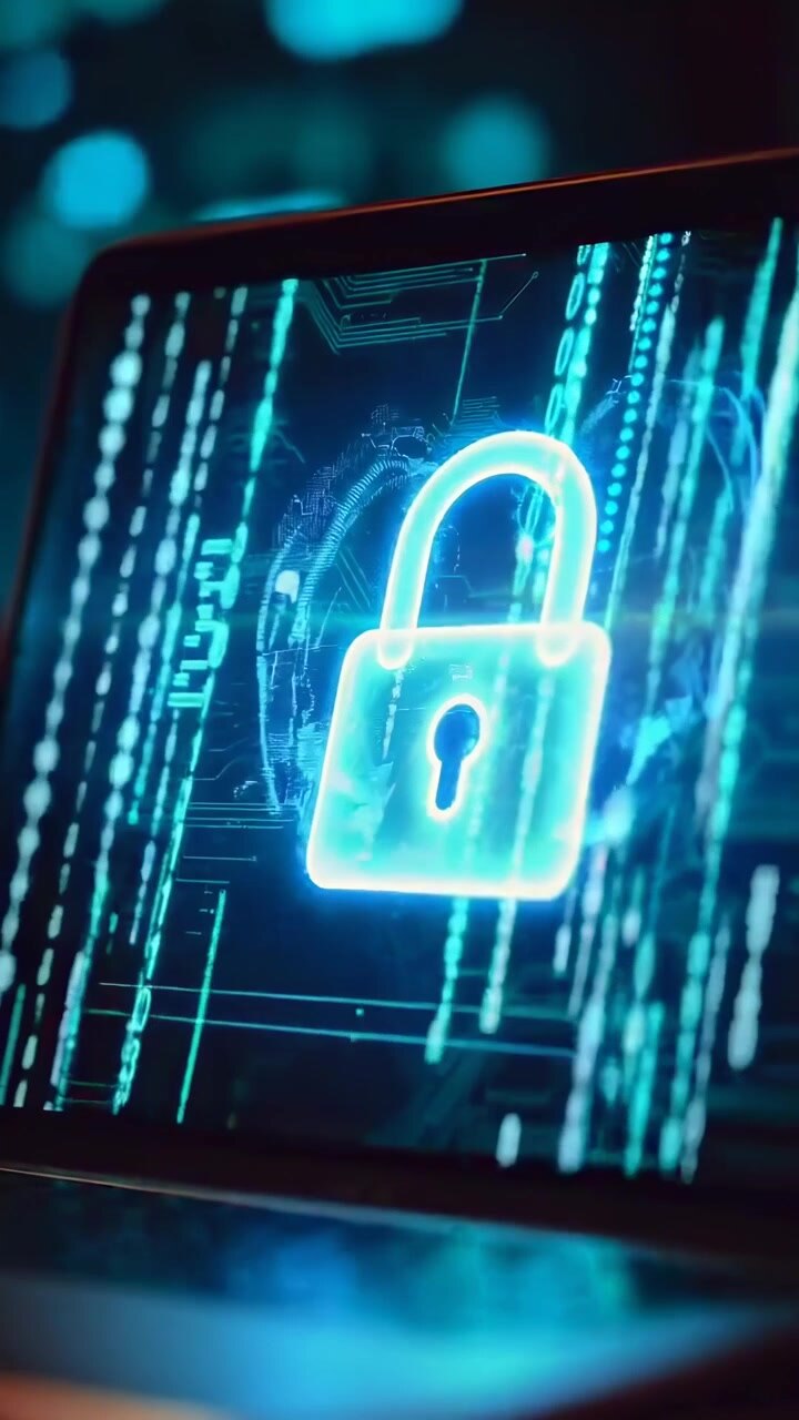 Glowing Padlock Icon on Laptop Screen with Falling Binary Code