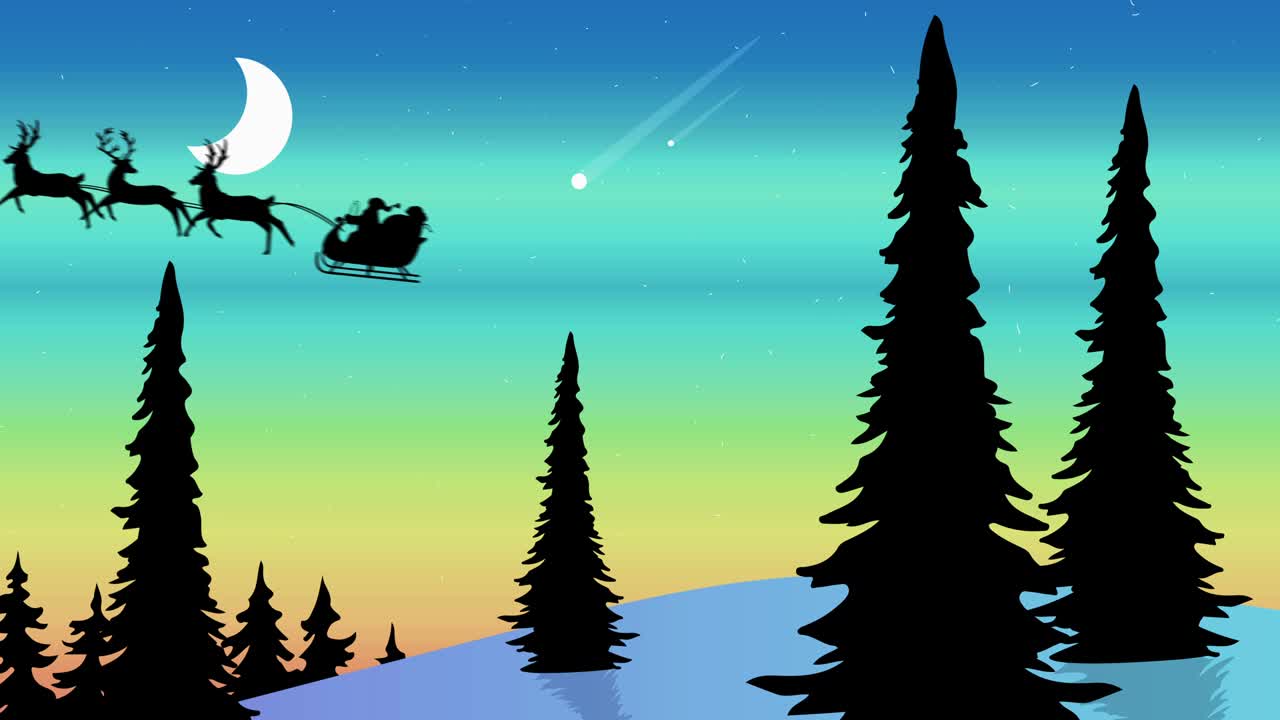산타클로스의 실루 ⁇ 이 달과 겨울 풍경에 대항하여 사 ⁇ 에 의해 당겨지고 있습니다.