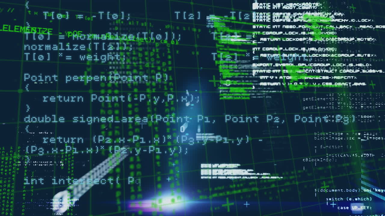 Digital animation of data processing over grid network against blue background