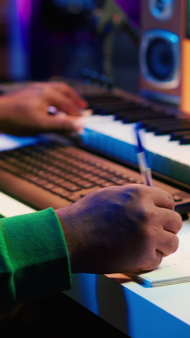 Musician Playing Keyboard and Writing Notes in a Music Studio
