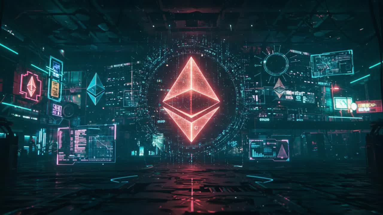 Futuristic Neon Scene Featuring a Prominent Digital Symbol Surrounded by High-Tech Interfaces, Data Displays, and Vivid Light Effects in a Cyberpunk Environment