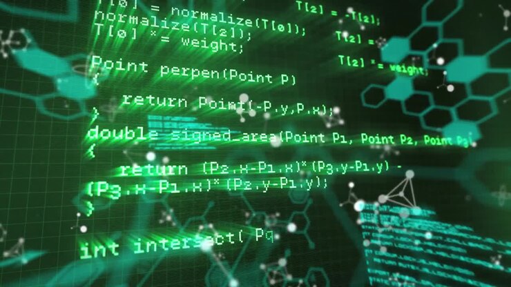 Animation of scientific data processing over black background