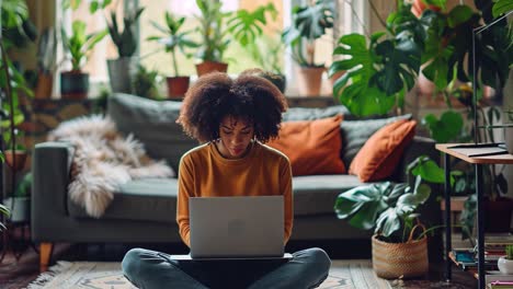 woman working on laptop at home surrounded by plants