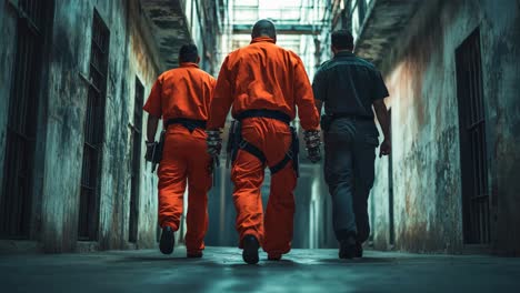 prisoners and guards walking in a prison corridor