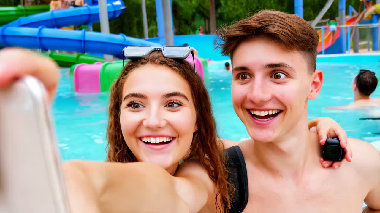 Happy Teenagers Taking a Selfie at a Water Park