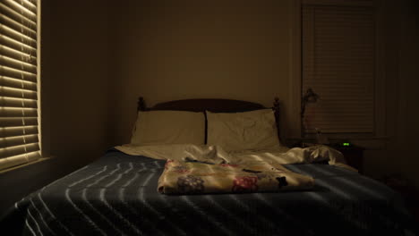queen sized bed in dark bedroom at night, interior, wide static shot