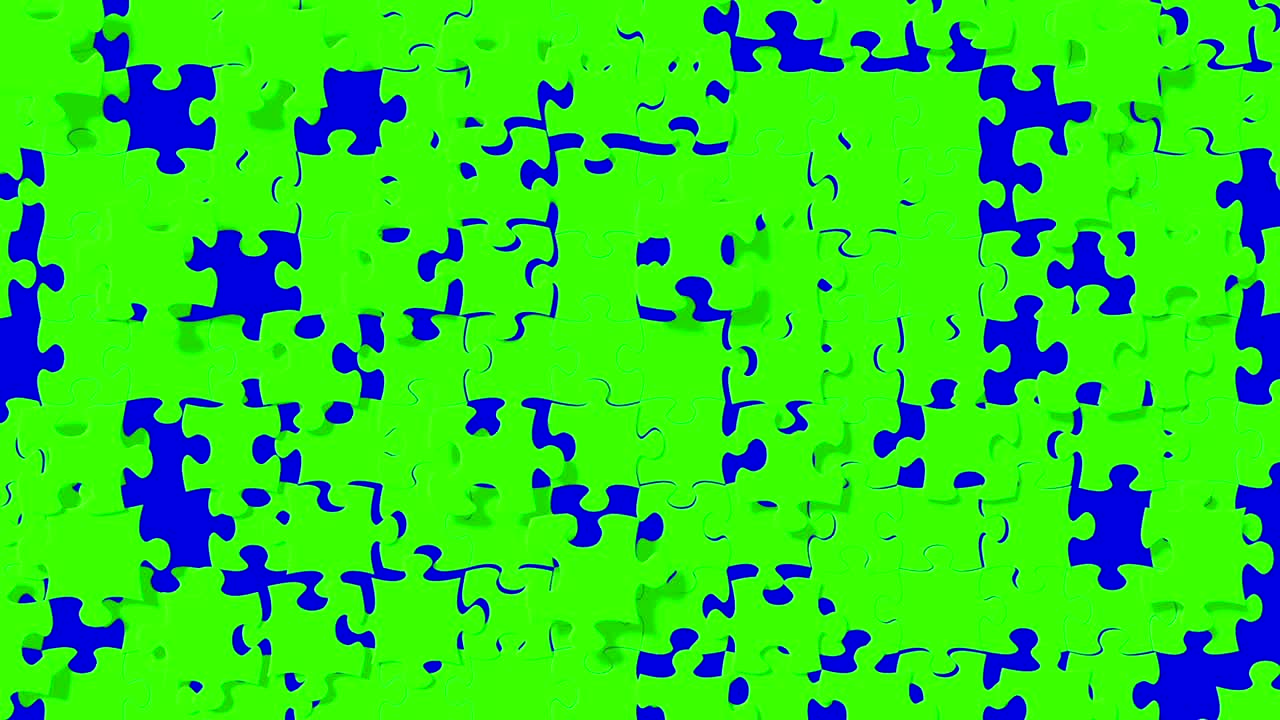 muchas piezas del rompecabezas con color chroma clave pantalla verde cayendo sobre chroma clave fondo pantalla azul, fondo de movimiento abstracto, nueva idea resolver problemas finanzas concepto de solución de negocio